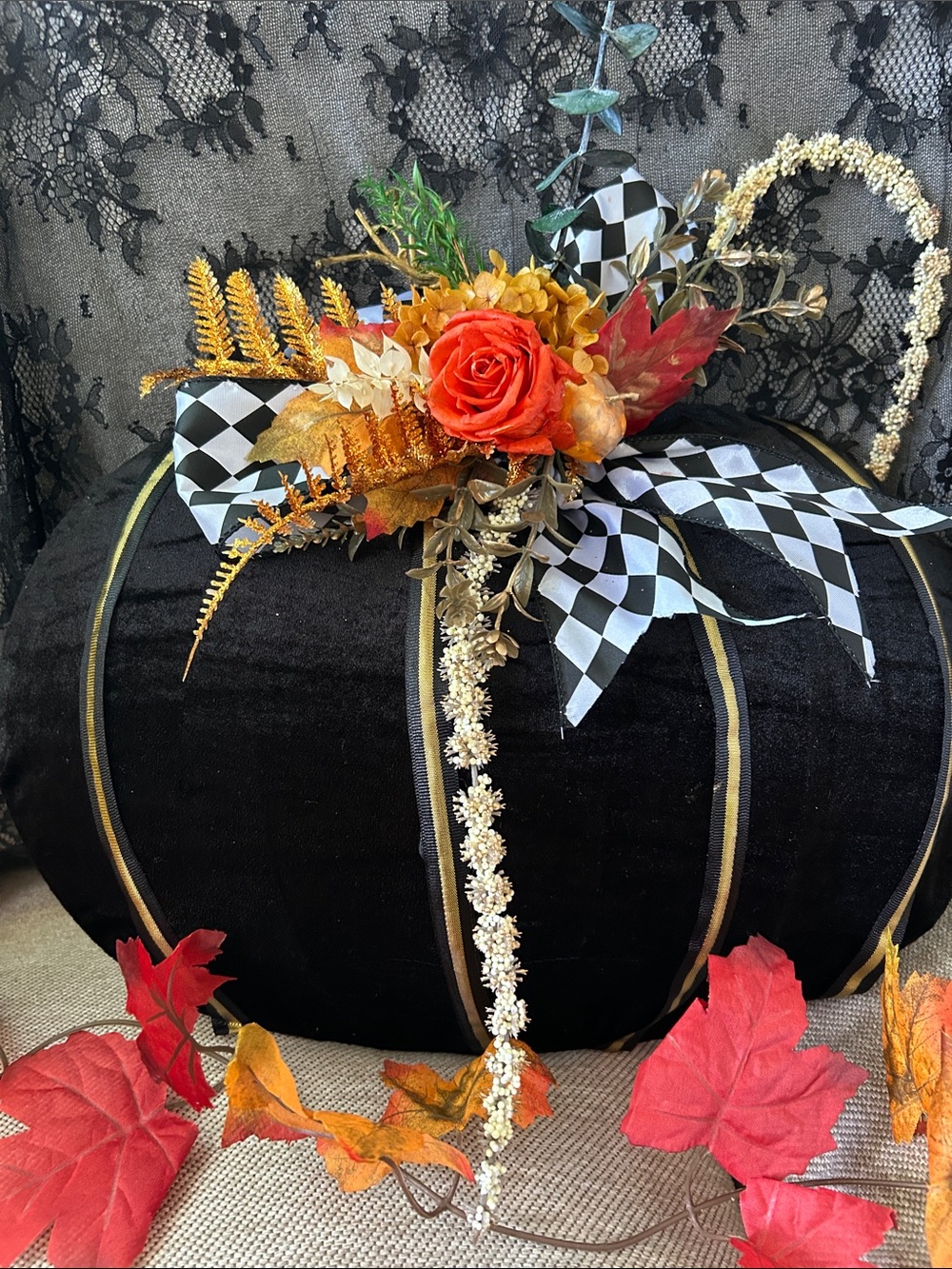 Autumn Velvet Pumpkin Wreath with Orange Rose Accent